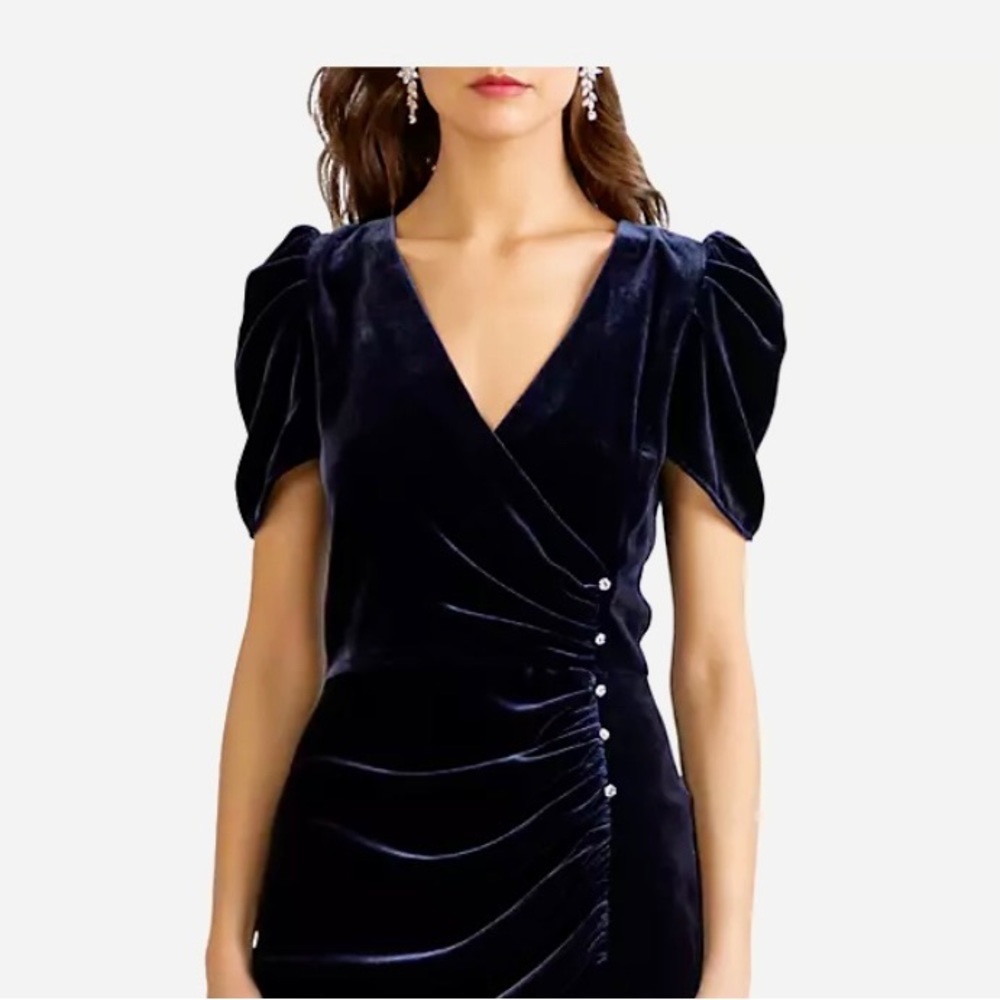 Blue Velvet long gown with rhinestone buttons